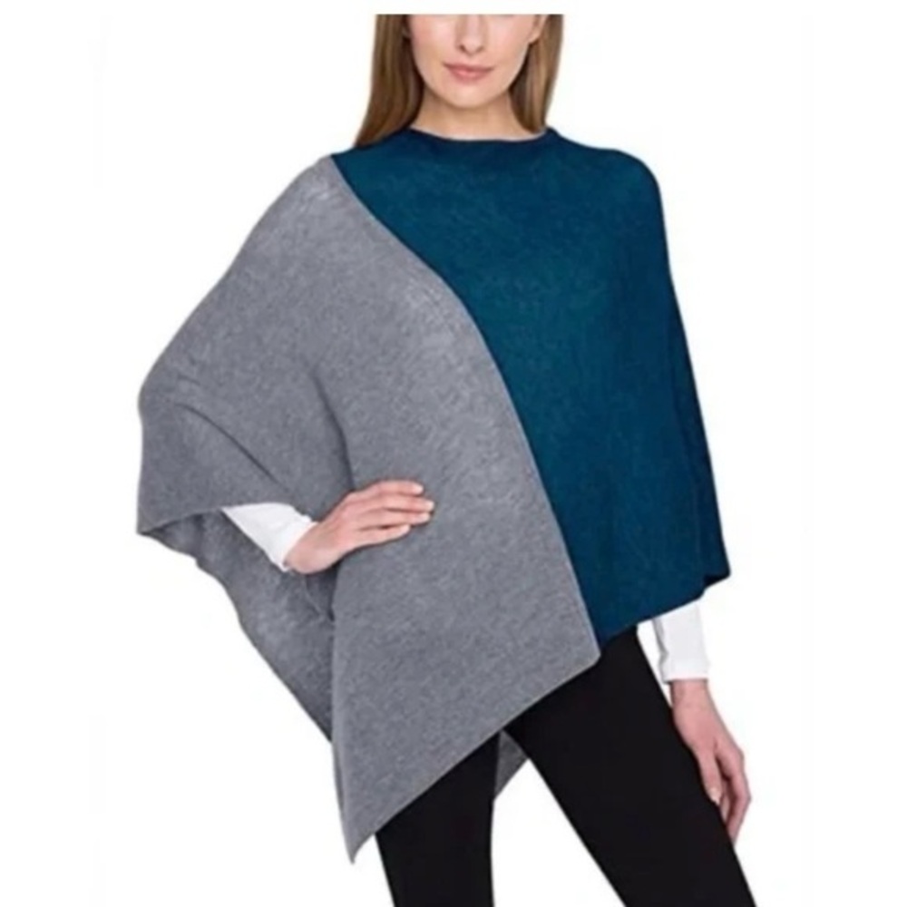 CELESTE ColorBlock Cashmere Blend Poncho Teal/Gray OS